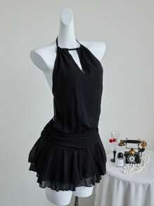 SHEIN Unity Black Summer European & American Vintage Halter Neck Ruched V-Neck Backless Waist Pleated Ruffle Hem Dress - Black - View 1