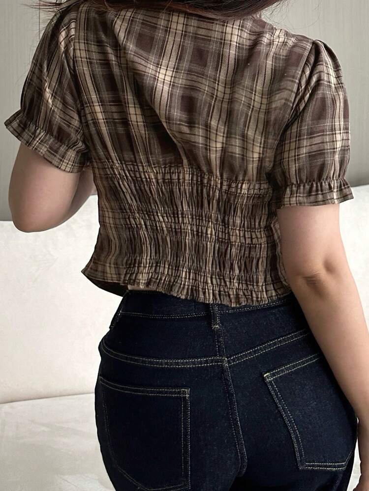 Plus Size Turndown Collar Check Pattern Ruched Crop Short Sleeve Shirt,Flannels Women Plaid