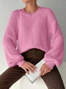 EURMUSE Plus Size Raglan Long Sleeve Crewneck Sweater - Pink - View 5