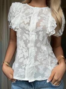 SHEIN EZwear Damen Unifarben transparente Bluse mit Knopfleiste, Rüschensaum und eleganten Kurzärmeln - Weiss - Übersicht 6