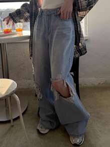 DAZY 女式轻盈水洗宽松做旧直筒牛仔裤，街头风格，四季皆宜 - 淺色水洗藍 - 查看 1