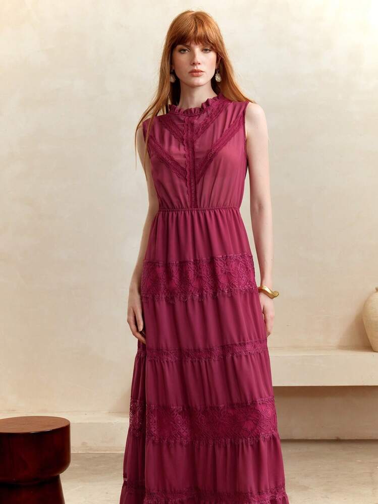 Arave Women's Elegant Red Violet Chiffon Maxi Dress With Lace Detail And Ruffle Hem New Autumn Women's Teacher Back-To-School Dress - High-End French Style - Red Violet - View 7