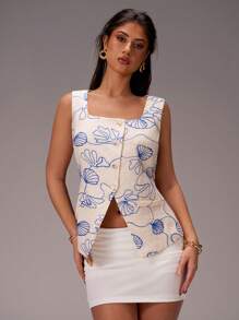 SHEIN Forever 21 女式春季简约度假条纹印花无袖亚麻衬衫 - 藍白色 - 查看 4
