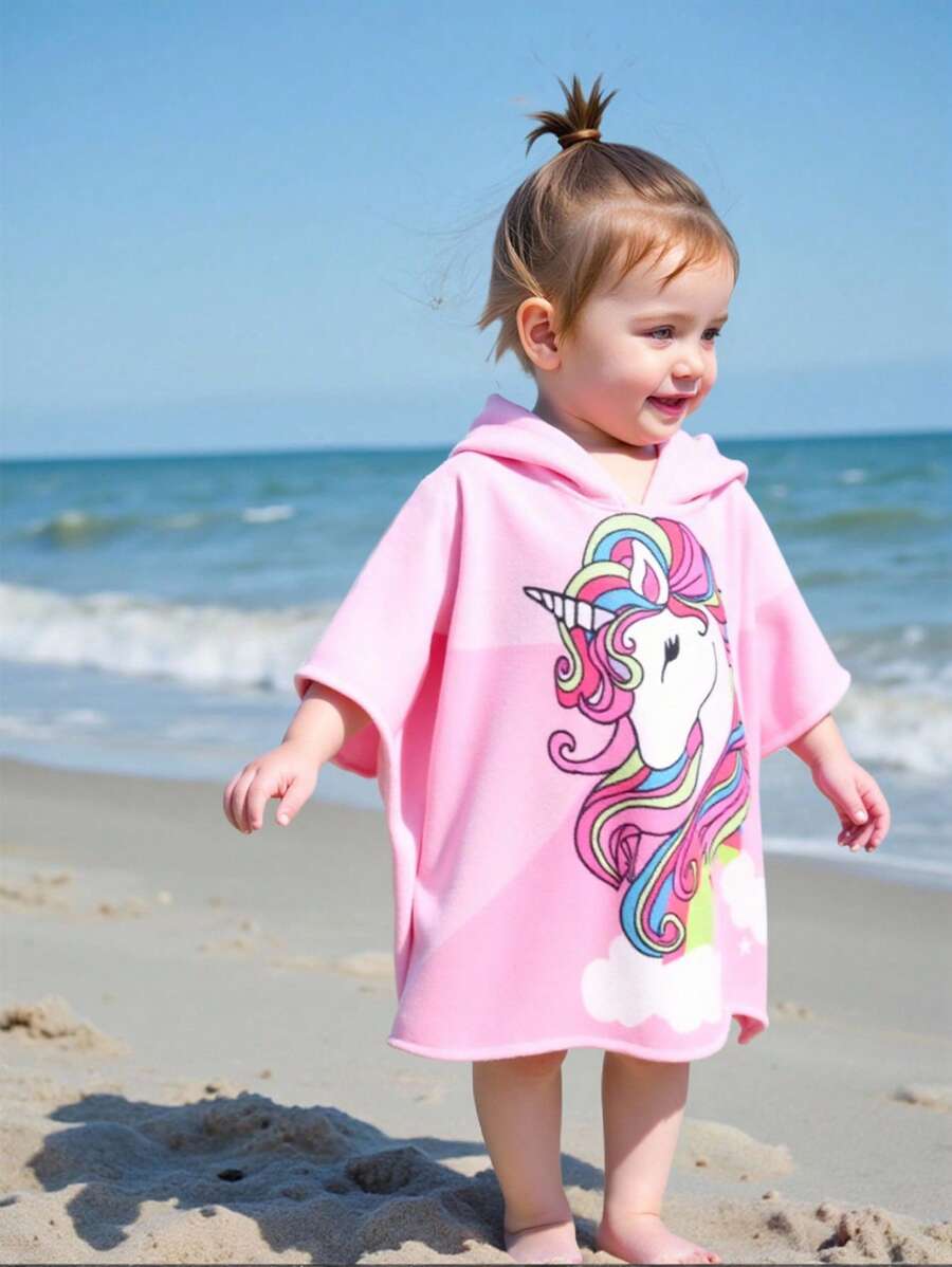 SHEIN Babygirl Cute Casual Pink Cartoon Pattern Hooded Loose Swim Cover-Up
