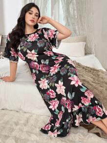 Plus Size Elegant Floral All-Over Print House Dress, Moo Moo Sleep Dress - Black - View 4