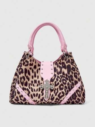 Grunge Punk Bolso de hombro de mujer de moda, estampado de leopardo minimalista y práctico de múltiples usos