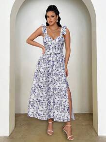 SHEIN LUNE Váy du lịch buộc eo họa tiết hoa thanh lịch - Màu xanh lam - Xem 4