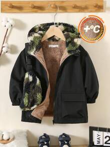 2pcs/Set Young Boys' Casual Cute Daily Warm Black Hoodie Jacket & Camouflage Fuzzy Crossbody Bag, Suitable For School, Hangouts, Fall/Winter