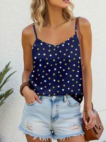 Shutterstock Glamance 女士 V 领波点印花吊带背心，春夏季办公室女性服装外出服装工作服 - 寶藍色 - 查看 1