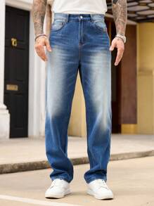 Manfinity Homme 男士蓝色休闲宽松百搭牛仔裤 - 藍色 - 查看 7