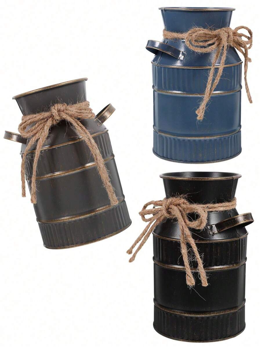 Vintage Style Distressed Metal Milk Can Shape Flower Vase With Artificial Flowers Set, Suitable For Living Room, Desk, Cafe, Bar, Garden Party Decor Gifts Birthday Graduation - Multicolor - View 1