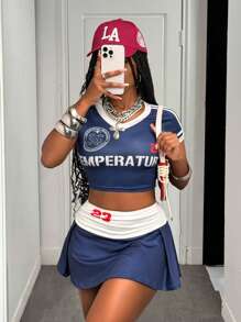 Slaydiva 2 件套：女式 V 领短袖修身短款上衣和拼色褶皱 A 字迷你裙，休闲、日常、度假、巡航、海滩、日光浴，流行网红风格