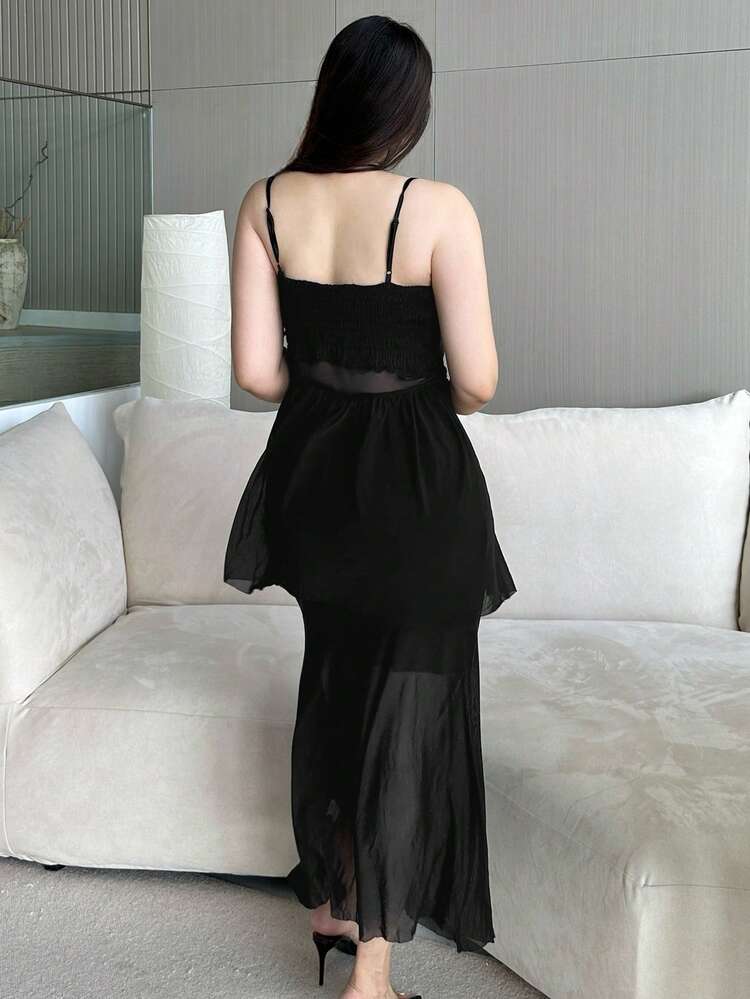Dazy Plus Plus Size Mesh Patchwork Long Black Summer Formal Dress, Minimalist & Alluring Maxi Dress