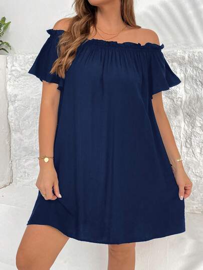 SHEIN Essnce Plus Size Women's Spring And Summer Fashion Casual Loose Comfortable Cool Versatile Daily One Shoulder Off Shoulder Black Short Dress,Vacation Outfits,Ibiza,European Summer,Tea Party Dress,Beach Dresses For Women,Brunch Outfits For Women