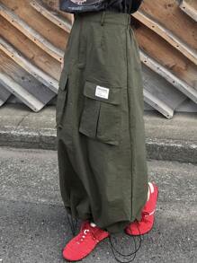 FRIFUL Women's Green Elastic Waist Big Pockets Slit Hem Drawstring Utility Skirt, Casual Vacation & Airport