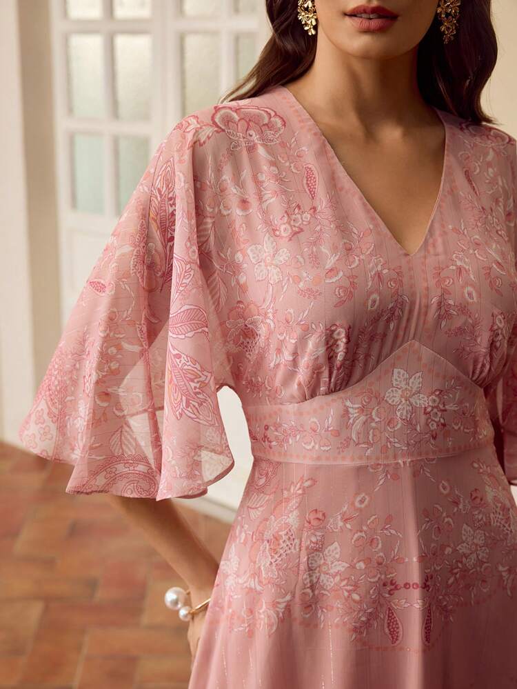 ZEYLAH V-Neck Batwing Sleeve Floral Print Elegant Vacation Dress, Spring/Summer