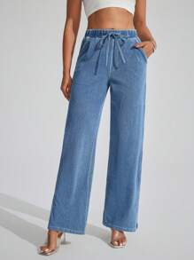 SHEIN Essnce FlexDen 女式宽松弹力针织腰直筒牛仔裤，苹果裤，适合日常穿着