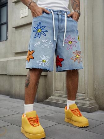 Street Life Men's Summer Casual Floral Embroidery Denim Shorts