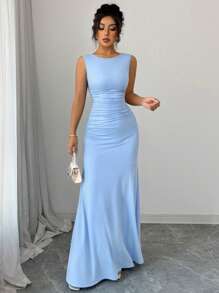 Selianne 女士优雅长款无袖圆领 A 字形连衣裙，斜腰褶饰细节，蓝色针织面料，春夏 - 藍色 - 查看 1