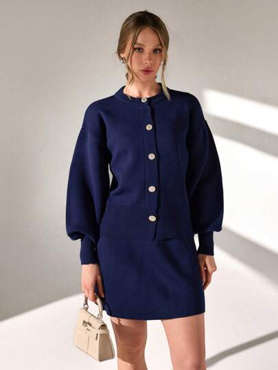 CLARA VERO Women's Solid Round Neck Metal Buckle Decor Loose Knitted Cardigan Set,Long Sleeve Tops,Fall Clothes,Petite