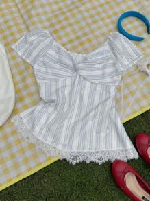 DAZY Áo thun tay ngắn cổ chữ V họa tiết kẻ sọc và lưới ren đục lỗ cho nữ, thanh lịch, mùa hè, áo babydoll - Màu xanh bạc hà - Xem 6