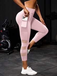 Powerista 女士透气拼接网眼面料手机口袋弹力运动紧身裤，夏季 - 粉色 - 查看 1