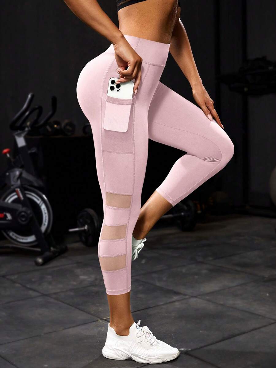 Powerista 女士透气拼接网眼面料手机口袋弹力运动紧身裤，夏季 - 粉色 - 查看 1