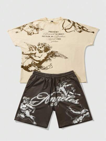 Street Life مجموعة قصيرة الأكمام للرجال، ملابس علوية ذات أكمام خفافيش و رقبة دائرية مع شورت ذو رباط سحاب للخصر، ملابس علوية كاكي مع سراويل بنية، تيشيرت بطباعة ملاك قديم، شورت بني بطباعة ملاك قديم، طراز شارع شبابي عادي مناسب للحياة اليومية أو للعطلات أو الرياضة، خيار هدية رائع للزوج أو الحبيب