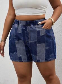 SHEIN SXY Plus Size Women Festival Denim Shorts, No Stretch, Unique Jacquard Weave, Sexy & Modest Autumn Clothes, Baggy Jeans