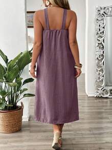 SHEIN LUNE 大码牛仔效果印花吊带中长连衣裙