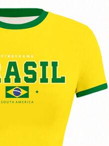 女士时尚休闲巴西字母印花短款上衣，适合节日派对 - 彩色 - 查看 5