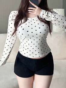 Dazy Plus Áo thun cổ tròn chấm bi tay dài ôm sát co giãn cỡ lớn - Màu be - Xem 5