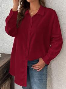 SHEIN LUNE 冬季服装纹理休闲大码纯色夏季长袖衬衫 - 紅色 - 查看 6