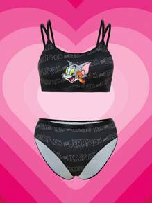 TOM & JERRY X SHEIN Plus Size Black Letter & Cartoon Pattern Camisole Bra Set And Panty Underwear Set,Soft & Comfortable,Cute,Sweet