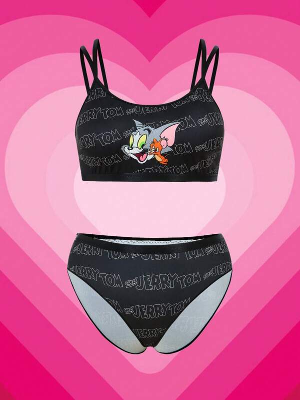 TOM & JERRY X SHEIN Plus Size Black Letter & Cartoon Pattern Camisole Bra Set And Panty Underwear Set,Soft & Comfortable