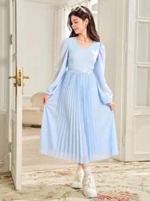 SHEIN 少女奢華 V 領純色雪紡拼接編織緞帶百褶連身裙 - 藍色 - 查看 2