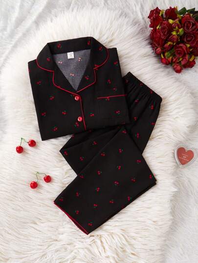 2pcs/Set Apricot Minimalist Cherry Print Long Sleeve Top & Pants, Casual And Comfortable Pajamas For Teenage Girls Cherry Pajama Set Button Up Pajama Set Fall Winter