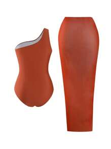 Swim Oasis 2PCs Plus Size Women One-Piece Swimsuit With Mesh Shoulder Inset & Ruching Detailing, Paired With Mesh Flare Pants, For Summer Beach Vacation - Chocolate Brown - View 3