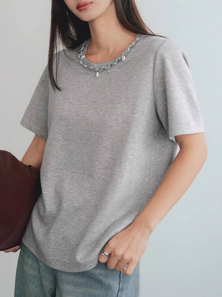 Summer Loose Business Casual Chain & Beaded 3D Decor Short Sleeve T-Shirt For Women,Teacher