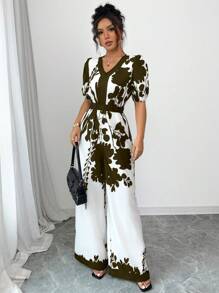 Rafferiza 女士优雅宽松收腰数码印花连体裤