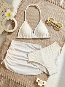Tween Girl New Fashion Beige Specialty Fabric 3 Pieces Tankini Swimsuit Beach Outfit Summer Holiday