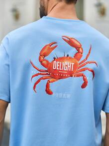 Manfinity VCAY 男士夏季新款浅蓝色螃蟹图案T恤，趣味海洋主题设计，宽松版型，男士休闲螃蟹印花针织宽松圆领T恤，适合日常穿着。 - 藍色 - 查看 4
