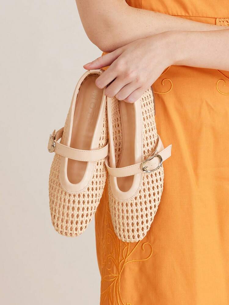SQUARE-TOE BRAIDED BALLET MARY JANE FLAT SHOES, HOLLOW OUT, BREATHABLE, COMFORTABLE, ELEGANT, FASHION, FOR WOMEN, SPRING/SUMMER
