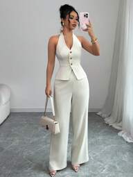 Elenzga Conjunto de top sin mangas elegante con hebilla de metal y pantalones, estilo empresarial/formal, de vacaciones con espalda descubierta y anudar