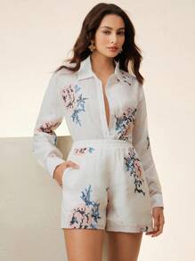 Anewsta Women's Leisure Vacation Heavy Cross Stitch Flower Red Blue Black White Bottom Drop Shoulder Loose Shirt Shorts Two Pieces Set - White - View 5