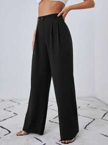 EURMUSE Solid Slant Pocket Wide Leg Suit Pants - Black - View 2