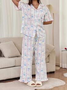 Dream Adore Plus Size Ruffled Collar Open Front Crinkled Ditsy Floral Bow Print Top & Pants Pajama Set, Cozy And Elegant Details - Multicolor - View 2