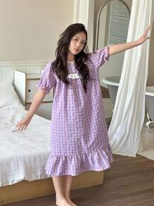 Dazy Kids 女童格子印花圆领无袖短款连衣裙，家居/睡衣，夏季 - 紫色 - 查看 5