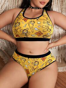 GARFIELD | SHEIN Plus Size Women's Yellow & Black Cute Cartoon Cat Print Cool Fashion Comfortable Sports Bra & Panty Set,Basic Comfortable Casual ,Soft - Yellow - View 4