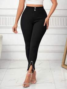 SHEIN Lady Modische elegante Leggings mit Strass-Dekor und Schlitz-Saum